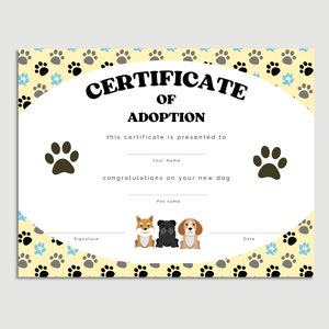 Certificado de adopción de mascotas, Certificado de adopción de perros, Fiesta de adopción de cachorros, Adoptar una mascota, Fiesta Gotcha, Certificado imprimible