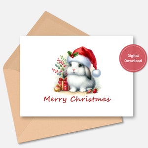 Cartão para impressão de Feliz Natal, Cartão de Natal do Coelhinho, Cartão de Natal, Download Digital