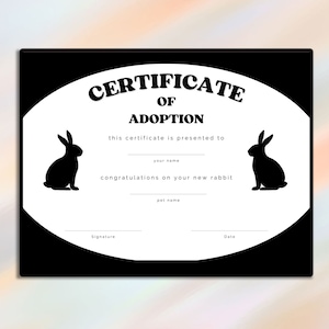 Konijn adoptie certificaat, nieuw konijntje certificaat, huisdier certificaat van adoptie, adoptie partij, Gotcha Party, afdrukbaar certificaat