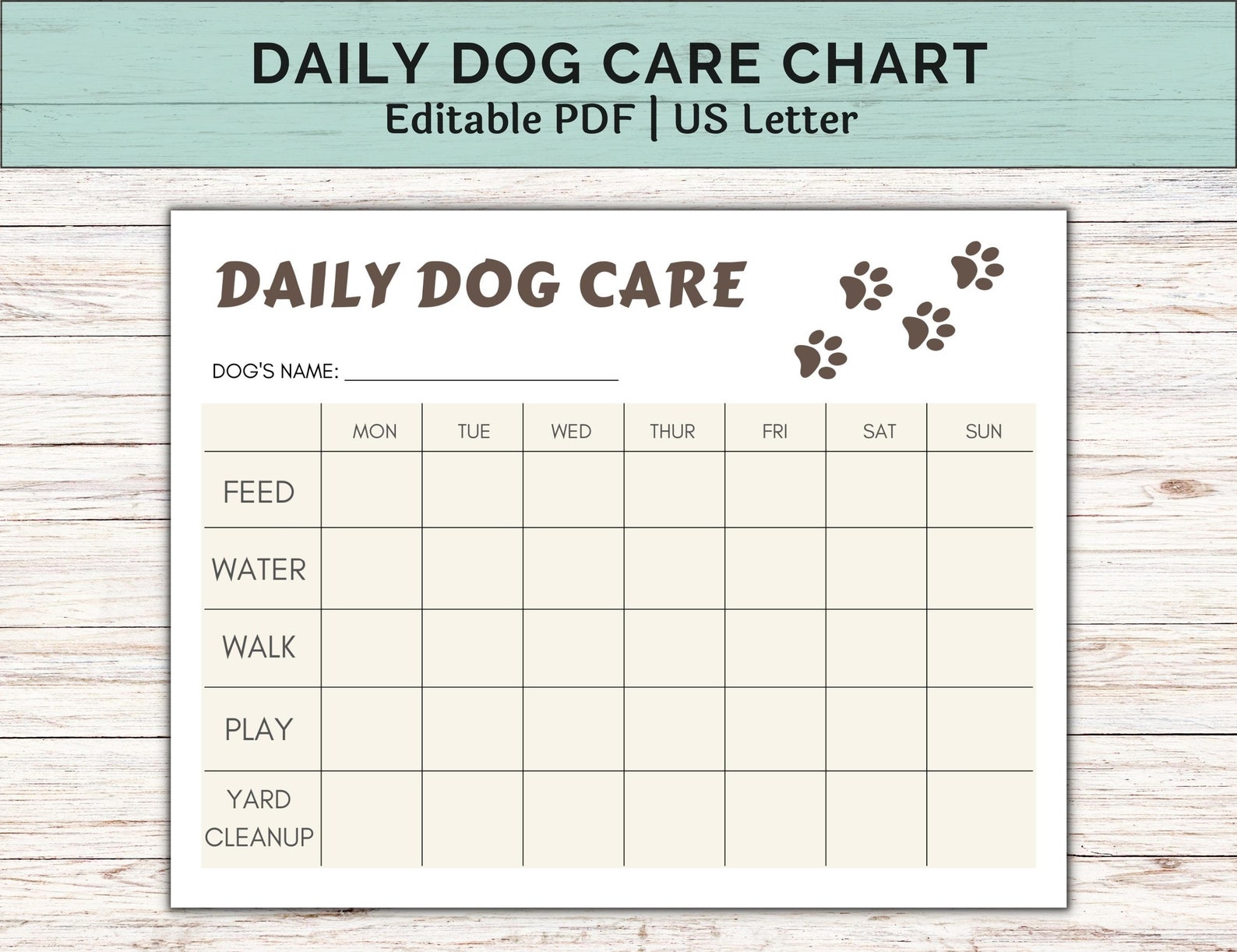 Daily Dog Care Chart for Puppy Care Printable Chore Chart - Etsy