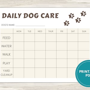 Daily Dog Care Chart for Puppy Care, Printable Chore Chart, Dog Care ...