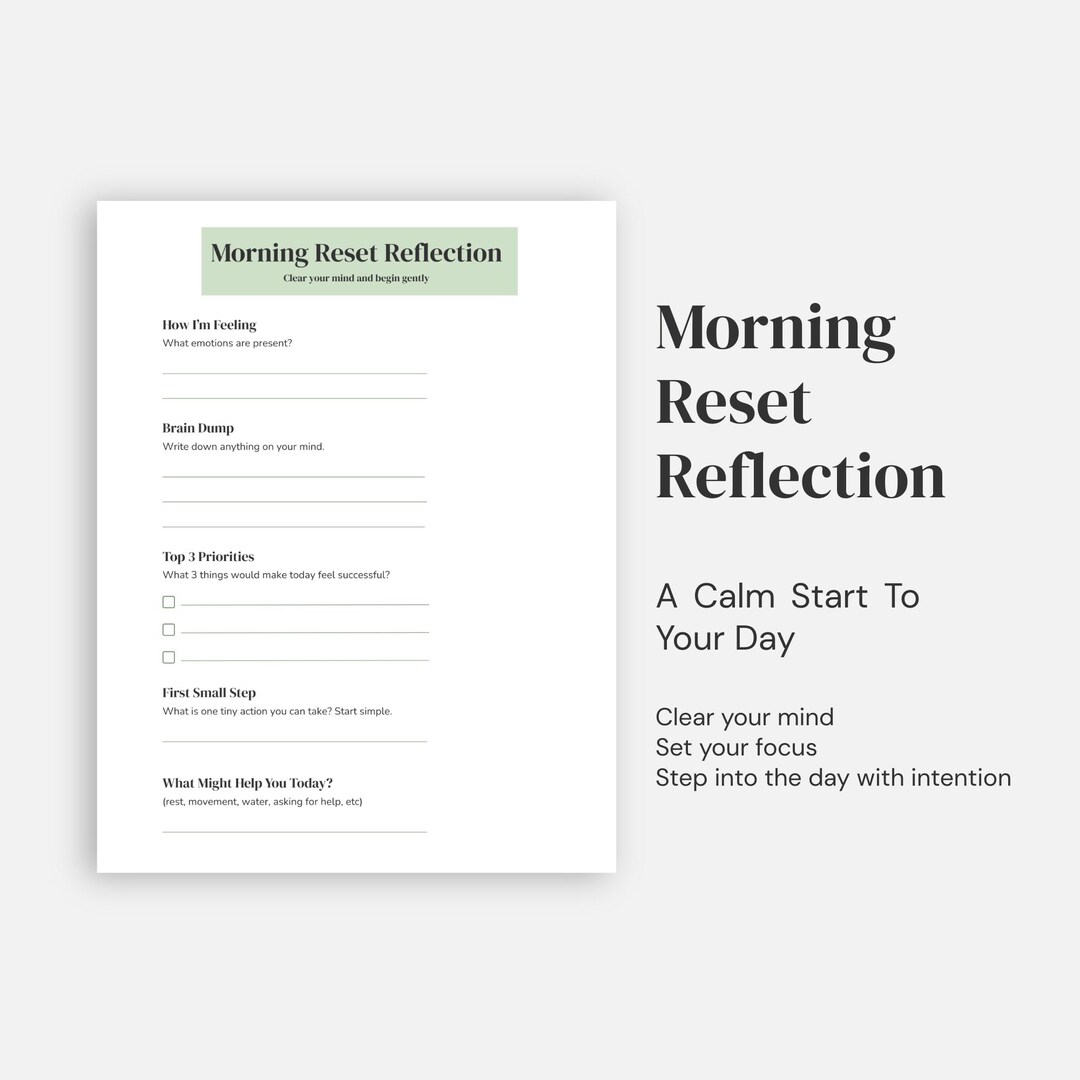 Mourning Routine Intentions Worksheet Morning Reset Reflection Printable | Morning Routine Worksheet | Daily ...