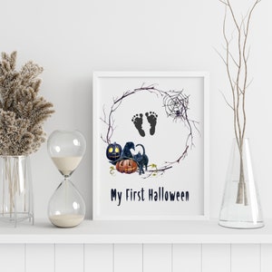 Baby&#39;s First Halloween Printable, My 1st Halloween, Halloween Handprint Footprint Art, Holiday Handprint Footprint Craft, New Parent Gift
