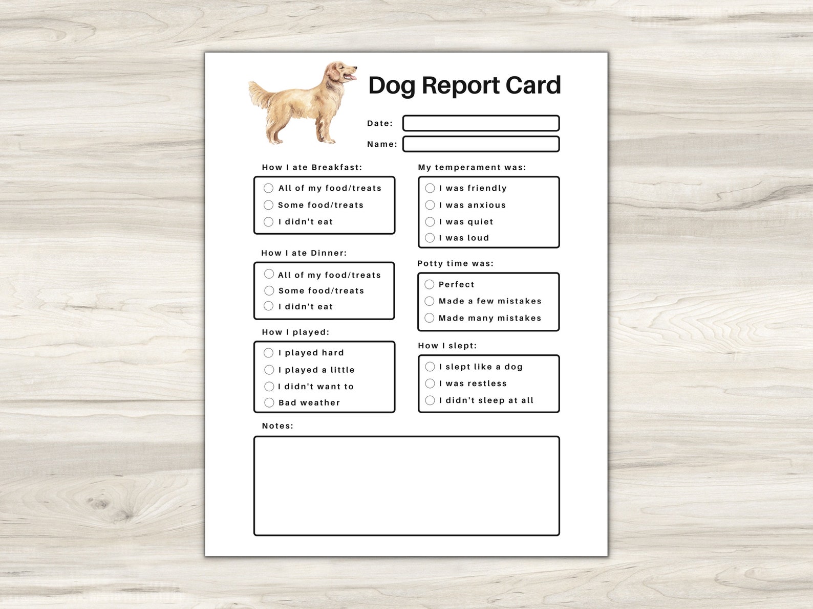 Dog Report Card Printable, Pet Sitting Forms, Dog Boarding Report Card, Dog Care Report Card ...