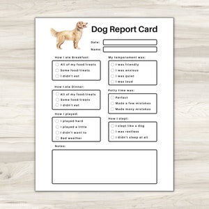 Tarjeta de informe de perros imprimible, formularios de cuidado de mascotas, tarjeta de informe de embarque de perros, tarjeta de informe de cuidado de perros, planificador de cuidado de mascotas, informe de guardería para perros