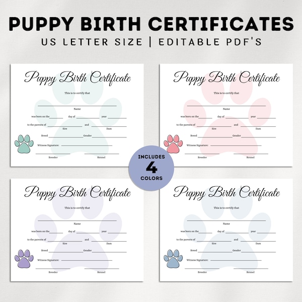 Editable Puppy Birth Certificate Template, Dog Adoption Certificate, Pet Birth Certificate, Dog Breeder Forms