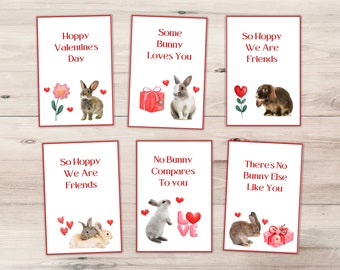 May include: Six printable Valentine's Day cards featuring bunnies and hearts. The cards have messages such as "Hoppy Valentine's Day", "Some Bunny Loves You", and "So Hoppy We Are Friends".