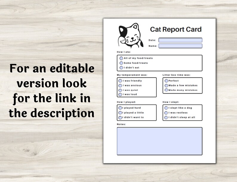 Pet Report Card Printable for Pet Sitter Business, Cat Report Card, Pet ...