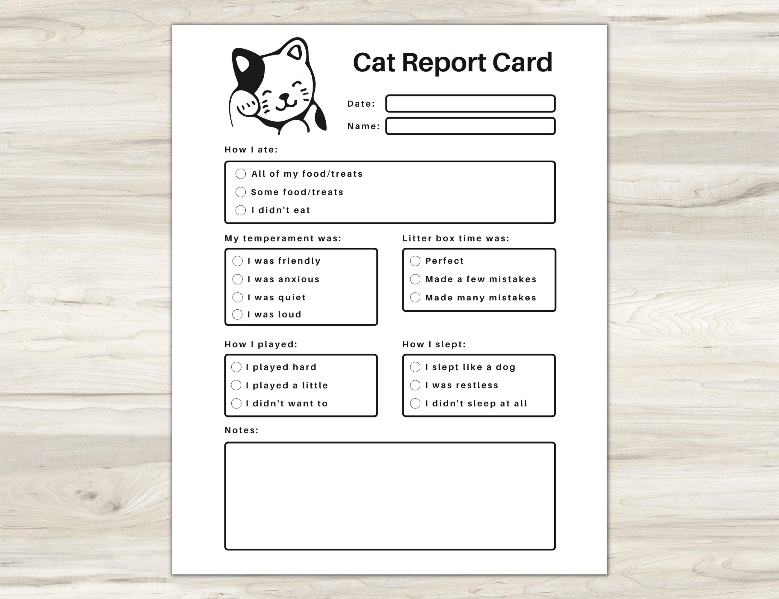 Pet Report Card Printable for Pet Sitter Business, Cat Report Card, Pet ...
