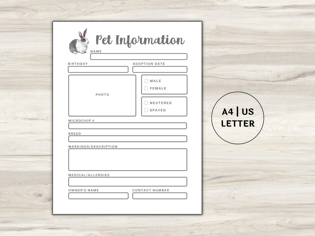 Pet Information Sheet, Rabbit Care Sheet, Rabbit Care Business, Pet Care Information, Pet