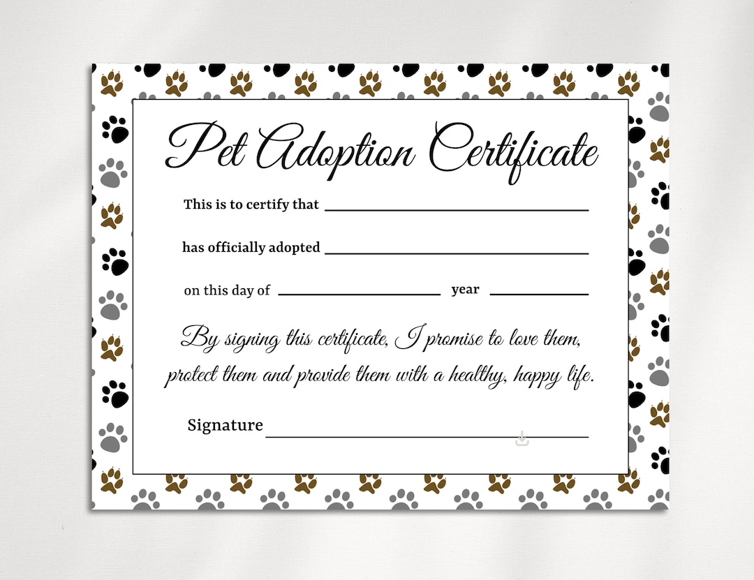 Pet Adoption Certificate Template Dog Adoption Certificate Etsy