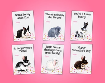 May include: Six printable Valentine's Day cards featuring cute bunny rabbits with different messages. The cards have a white background with pink and gold hearts.