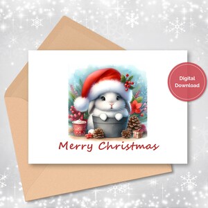 Merry Christmas Printable Card, Bunny Christmas Card, Holiday Card, Rabbit Greeting Card