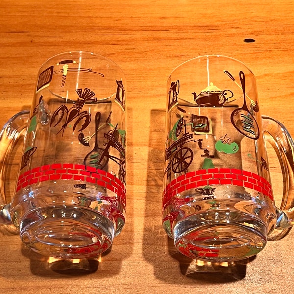 Pair of Vintage Mid-Century Hazel Atlas BBQ 1950s Glass Beer Mugs 12 oz