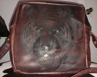 Leather satchel, Cross body bag , Tiger carving, brown leather bag, big cat hand bag, genuine leather