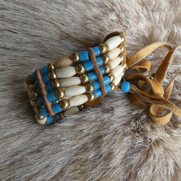 Native American ( Canadian) Caribou Bone , Leather and  Turquoise Blue Glass  Beads Bracelet