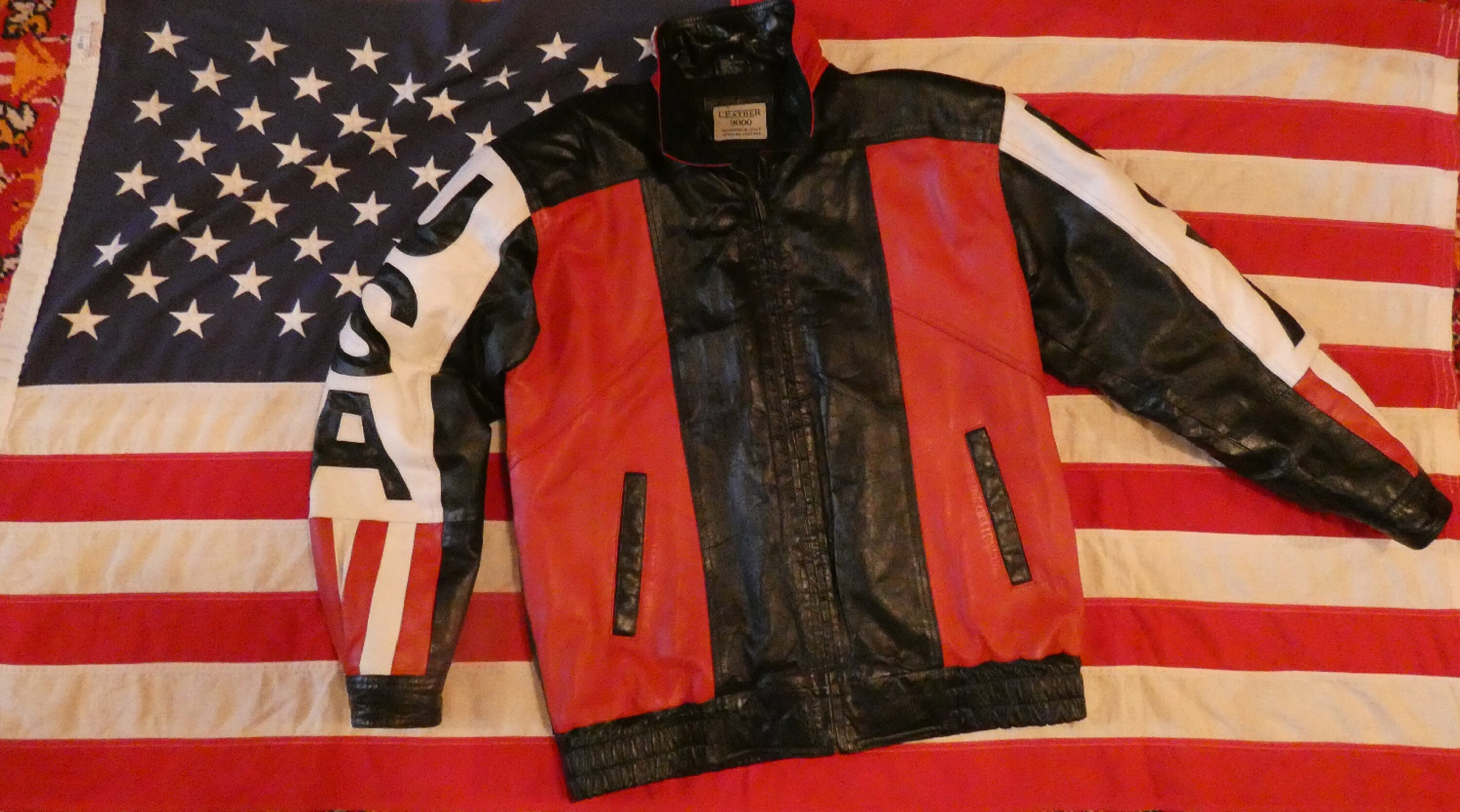 Genuine Leather Bomber Jacket With American Flag on the Back