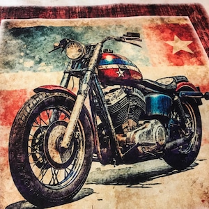 May include: A vintage-style motorcycle with a patriotic red, white, and blue color scheme. The motorcycle features a star on the gas tank and is set against a backdrop resembling a distressed American flag. The image has a weathered, aged appearance.