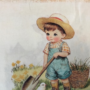 May include: A vintage-style illustration of a young child in a straw hat and overalls, holding a shovel. The child is standing in a garden with yellow flowers and a basket of plants. A small white bird is nearby.