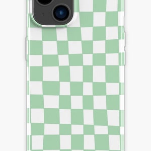 May include: A phone case with a green and white checkerboard pattern. The case has a glossy finish and a camera cutout on the back. The design is a repeating pattern of green and white squares.