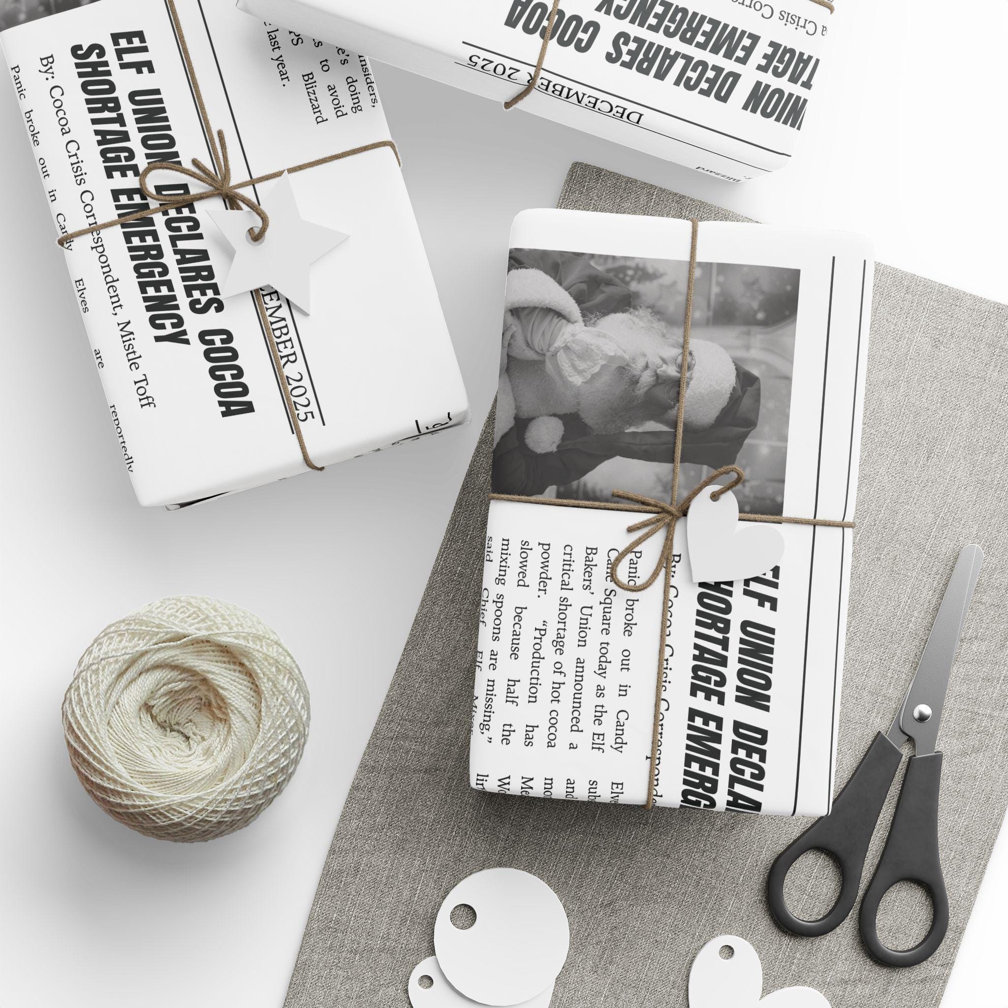 Discover North Pole Times Christmas Gift Wrap - Santa, Reindeer, Elves Black and White Holiday Wrapping Paper