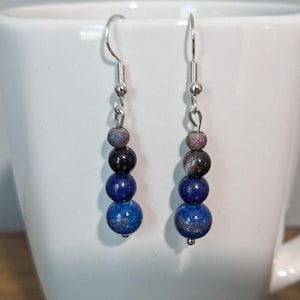 Dark Blue & Gold Stone Round Bead Dangle Earrings | Sparkle Shiny Blue Ball Earrings | Multicolor Shimmer Orb Gemstone | Navy Stone Jewelry