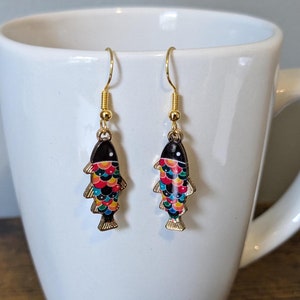 Black & Rainbow Fish Dangle Earrings | Gold Cute Ocean Animal Earrings | Sea Animal Earrings | Multicolor Marine Life Aquatic Fish Earrings