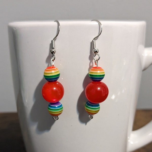 Red & Rainbow Stripe Three Bead Dangle Earrings | Lightweight Resin Round Bead Earrings | Unique Multicolor Earrings | Pride Jewelry