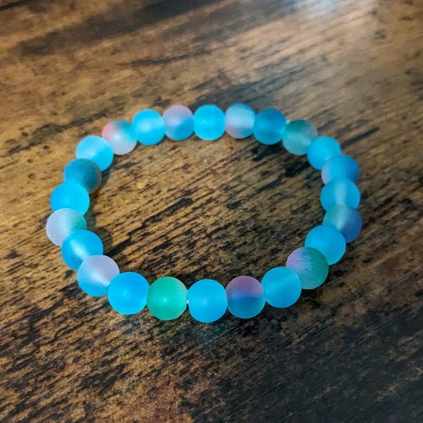 Glow in the Dark Blue Multicolor Bead Bracelet | Frosted Glass Bracelet | Rainbow Rave Jelly Bracelet | 8mm Round Bead Bracelet