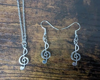 Silver Clef Music Note Necklace & Dangle Earrings | Music Jewelry | Women's Song Earrings | Band Instrument Jewelry Gift