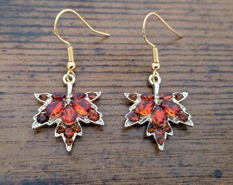 Orange Red Gold Maple Leaf Dangle Earrings with Glass Jewels | Fall Leaf Earrings | Nature Earrings | Tree Earrings | Sugar Maple Jewelry