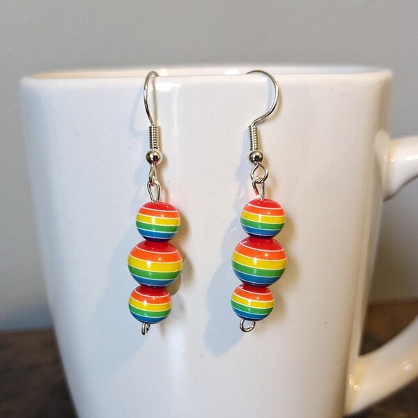 Rainbow Stripe Three Bead Dangle Earrings | Lightweight Resin Round Bead Earrings | Unique Multicolor Earrings | Pride Jewelry