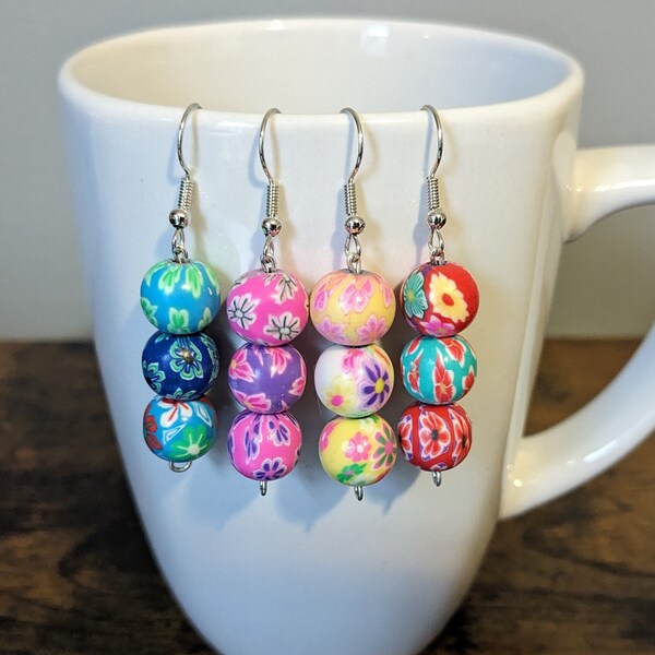 Three Bead Floral Dangle Earrings | Multicolor Polymer Clay Bead Earrings | Lightweight Flower Boho Hippie Art Beads | Pink Blue Red Yellow