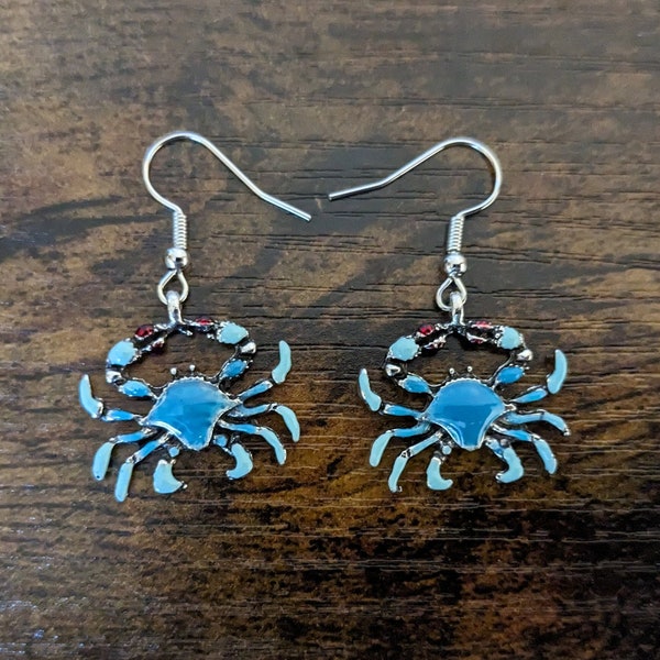 Vintage Blue Crab Dangle Earrings | Metal Alloy Enamel Earrings | Animal Earrings | Ocean Beach Sea Earrings | Dainty Crab Jewelry