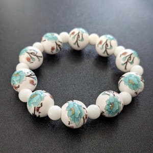 Turquoise Lotus Flower Porcelain Round Bead Bracelet | White Ceramic Stacking Bracelet | Nature Bead Elastic Bracelet | Blue Flower Bead