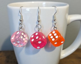 Solid Color Dice Transparent Dangle Earrings | Game Toy Earrings | Funny Neon Bright Earrings | Colorful Board Game Earrings | Orange Pink