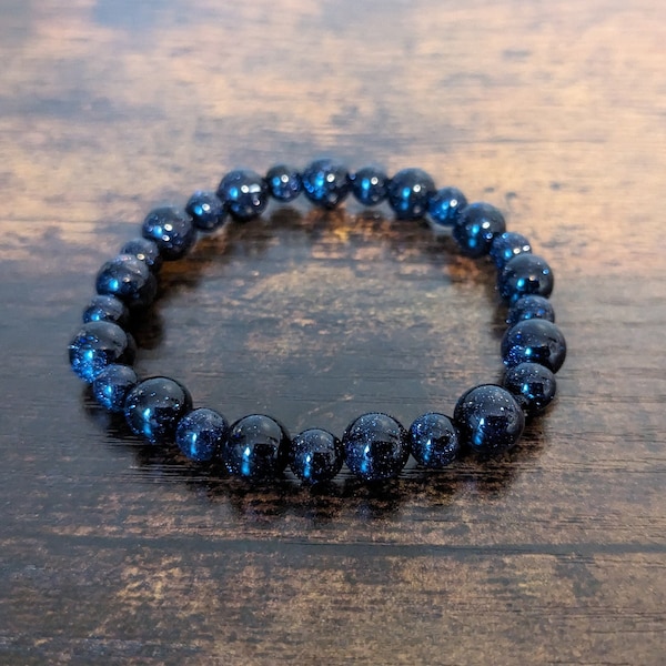 Premium Blue Sandstone Bead Bracelet | Solid Dark Blue Sparkle Stacking Bracelet | Shiny Round Bead Bracelet| Shimmering Stretch Bracelet