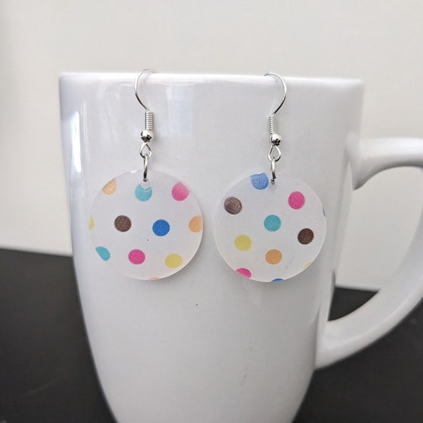 Frosted Polka Dot Dangle Earrings | Rainbow Spot Earrings | Small Circle Earrings | Cute Geometric Earrings | Lightweight Dainty Earrings