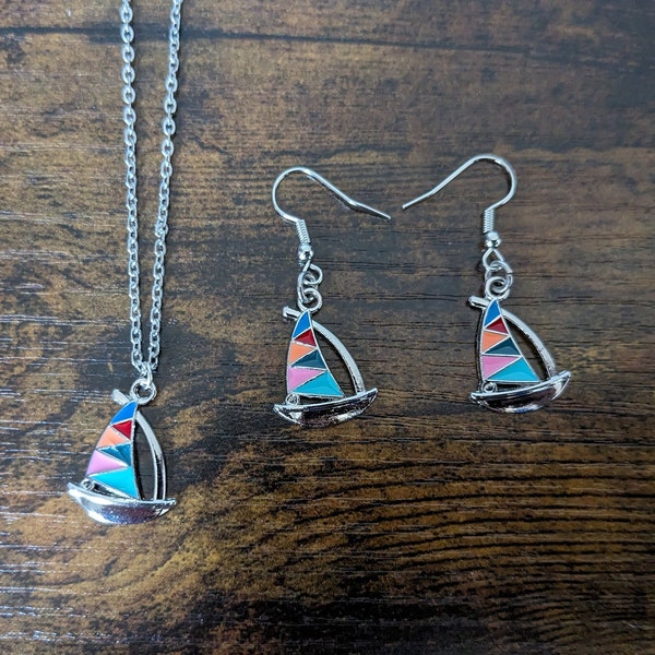 Silver Multicolor Sailboat Dangle Earrings & Necklace | Cute Ocean Sea Nautical Jewelry| Marine Boat Ship Earrings | Dainty Boat Earrings