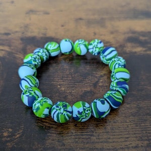 Handmade Beads - Blue & Green Polymer Clay Bracelet | Round Pattern Bead Stacking Bracelet | Unique Homemade Multicolor Swirl Jewelry