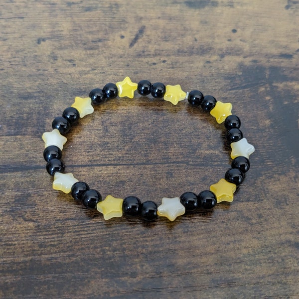 Black & Yellow/White Star Glass Bead Bracelet | Stacking Bracelet | Celestial Stretch Elastic Bracelet | Shiny Shimmer Beads | Unique Gift