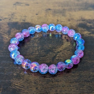 Pink & Blue Sparkle Glass Bead Bracelet |  Crackle Glass Stacking Bracelet | Round Shiny Fancy Bead Bracelet
