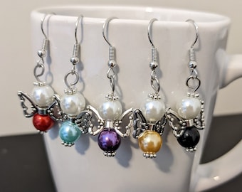 Various Colors Glass Pearl Angel Dangle Earrings | Glass Bead Guardian Angel Earrings | Christmas Angel Earrings