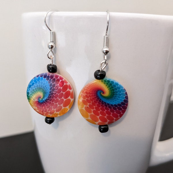 Tie Dye Glass Bead Dangle Earrings | Hippie Bead Earrings | Flat Disc Earrings