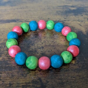 Handmade Beads - Green Blue Pink Pearl Polymer Clay Bracelet | Shimmer Round Bead Stacking Bracelet | Unique Homemade Multicolor Swirl