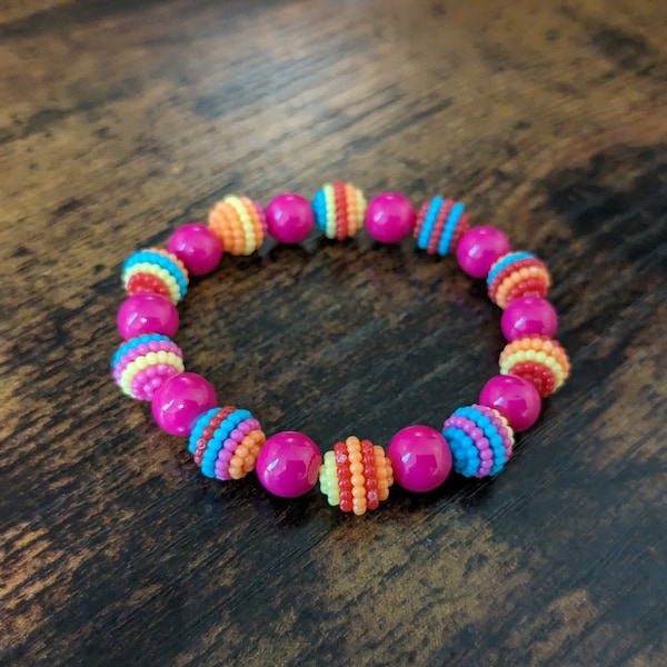 Pink Orange Yellow Blue Red Glass & Acrylic Bead Bracelet | Two Tone Stacking Bracelet | Round Bead Bracelet | Alternating Color Jewelry