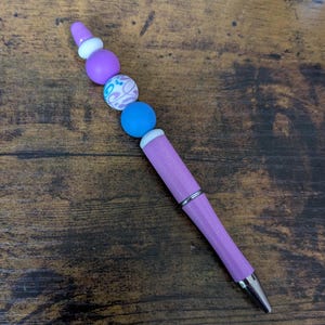 Purple Blue White Beaded Pen | Silicone Soft Bead Decorated Ink Pens | Unique Fun Gift Idea | Party Favor | Bead Pens | Fancy Custom Pens
