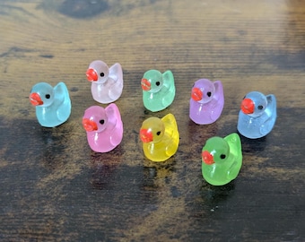 May include: Eight small rubber duck figurines in various pastel colors, including blue, green, yellow, pink, and purple. Each duck has a red beak and is made of translucent plastic.