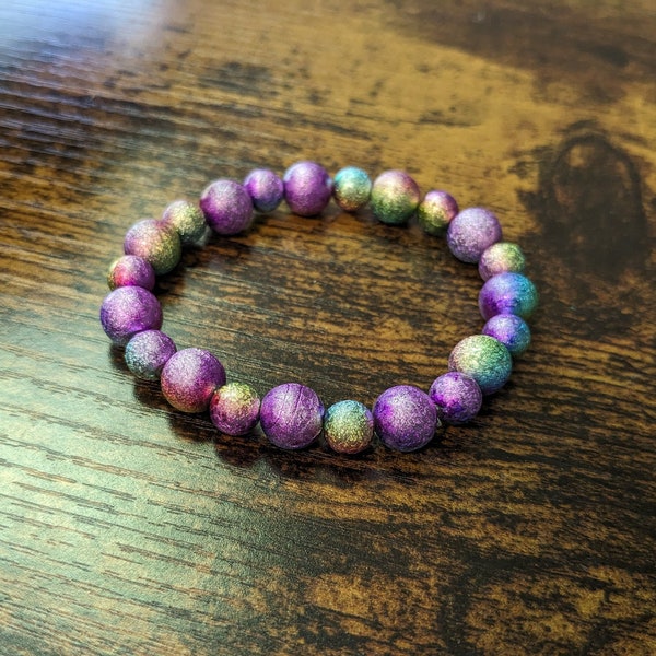 Iridescent Frosted Acrylic Bead Bracelet | Purple Blue Green Yellow Stacking Bracelet | Color Change Round Bead Bracelet