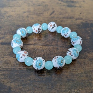 Turquoise Lotus Flower Porcelain Round Bead Bracelet | White & Blue Ceramic Glass Bracelet | Nature Elastic Bracelet | Blue Flower Bead